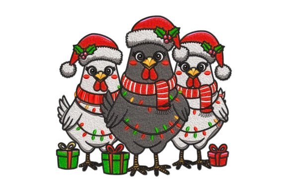 Chickens with Santa Hats Embroidery